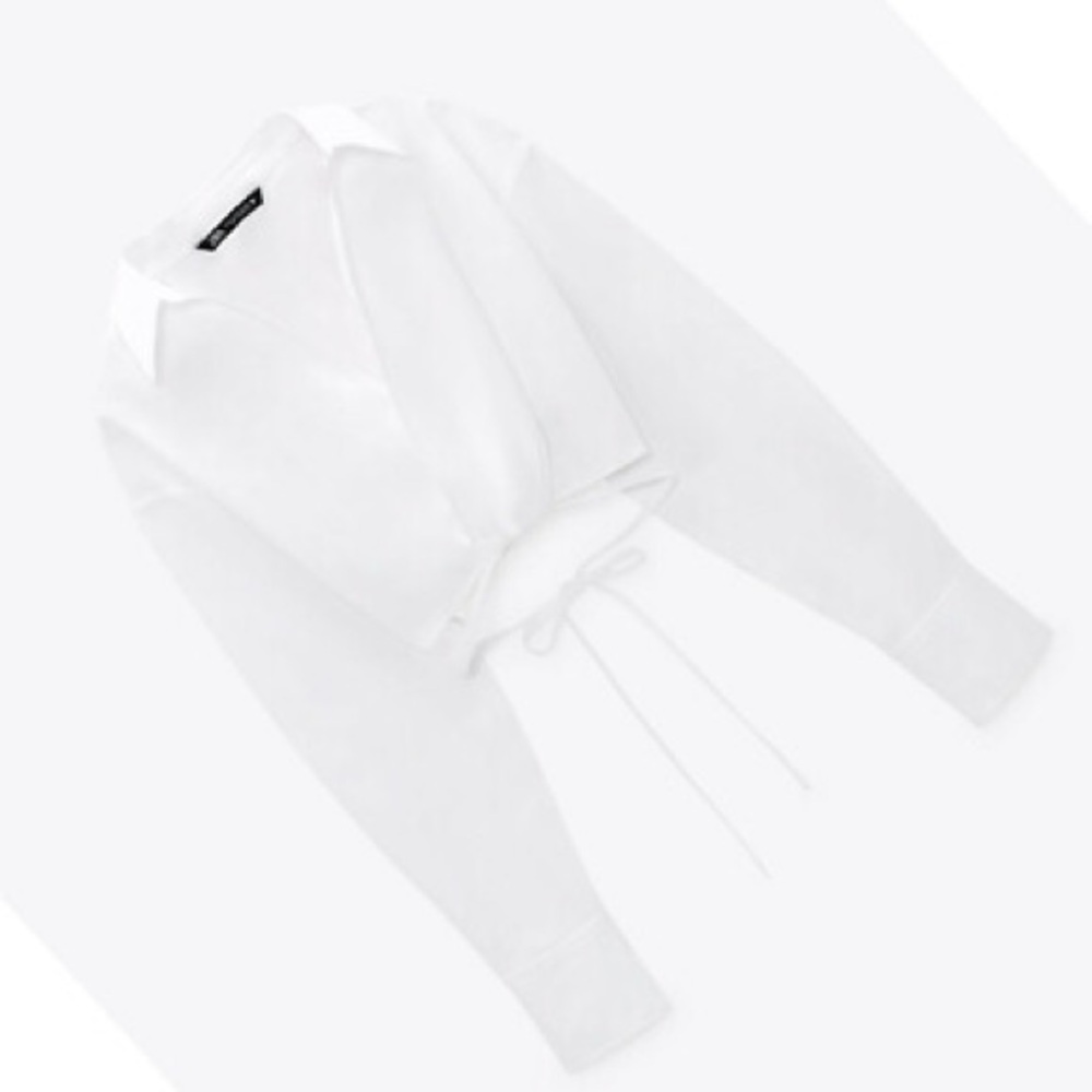 Zara White Cropped Blouse with Collar and Ties